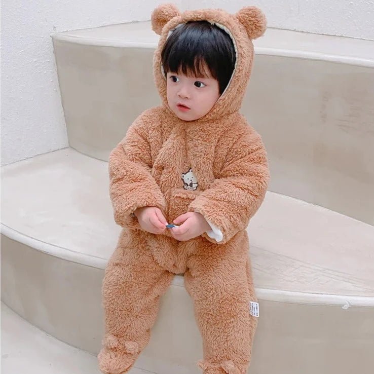 Autumn Arrival Baby Unisex Long Sleeves Teddy Bear Pattern bodysuit with Hood