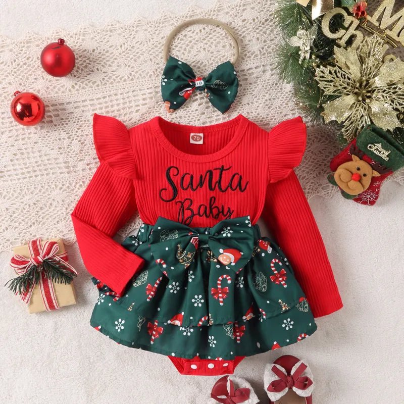 Baby Girl Christmas Romper Dress And Bow Headband Set 0-18 Months Skaldo & Malin Baby Girl Christmas Romper Dress And Bow Headband Set 0-18 Months Skaldo & Malin