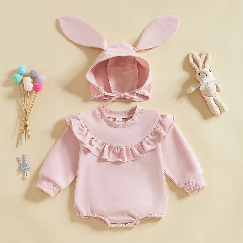 Long Sleeve Ruffle Jumpsuit & Bunny Hat Set 0-18 Months