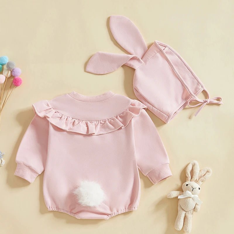 Long Sleeve Ruffle Jumpsuit & Bunny Hat Set 0-18 Months
