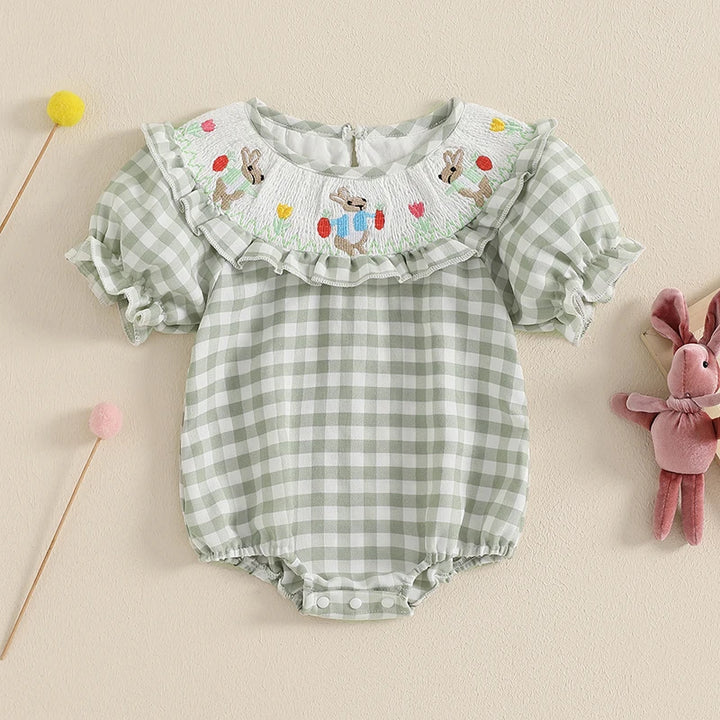 Smocked Bunny Embroidered Plaid Bubble Romper 0-3 Years