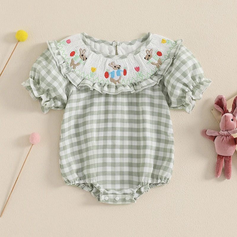 Smocked Bunny Embroidered Plaid Bubble Romper 0-3 Years