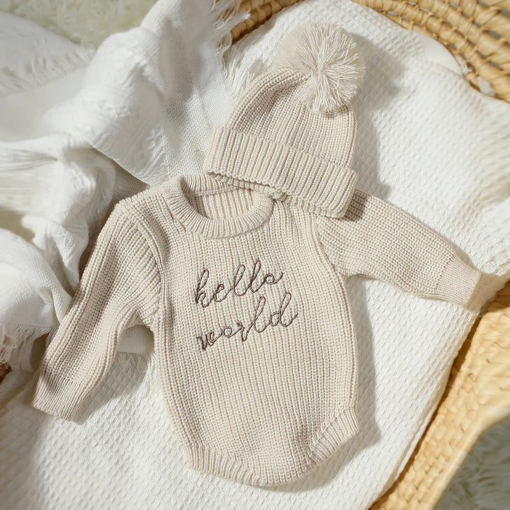 Hello World Knitted Romper & Pom-Pom Hat Set 0-1 Month