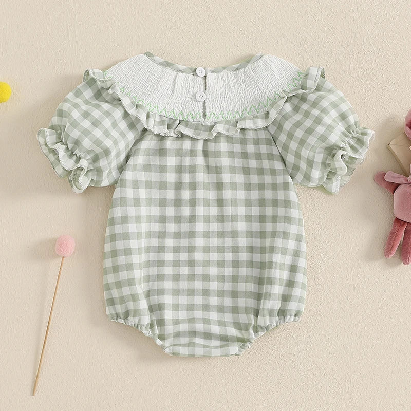 Smocked Bunny Embroidered Plaid Bubble Romper 0-3 Years