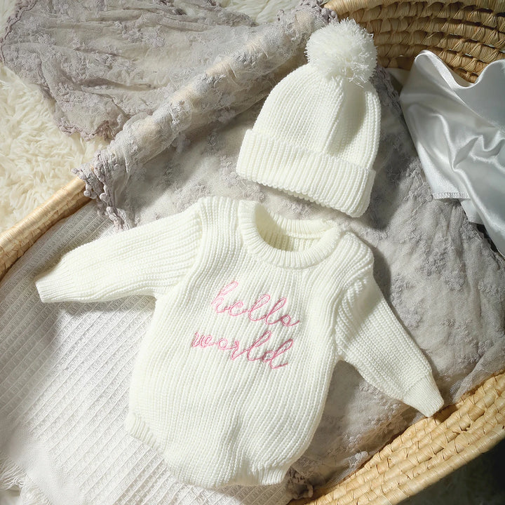 Hello World Knitted Romper & Pom-Pom Hat Set 0-1 Month