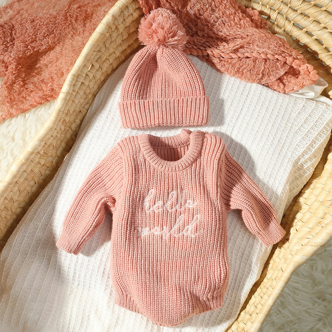 Hello World Knitted Romper & Pom-Pom Hat Set 0-1 Month