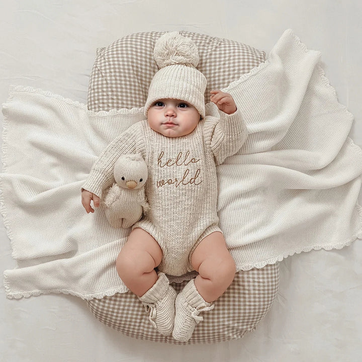 Hello World Knitted Romper & Pom-Pom Hat Set 0-1 Month