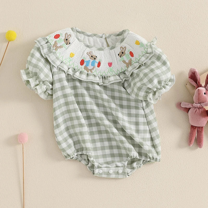 Smocked Bunny Embroidered Plaid Bubble Romper 0-3 Years