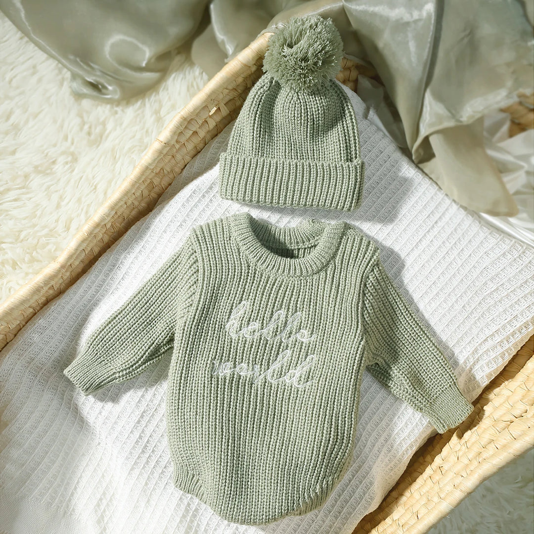 Hello World Knitted Romper & Pom-Pom Hat Set 0-1 Month