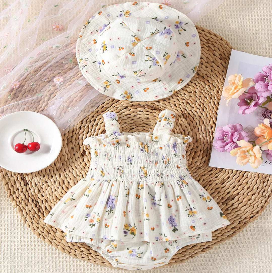 Sleeveless Floral Romper Dress & Hat Set - Skaldo & Malin
