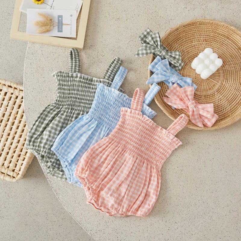 Sleeveless Plaid Romper & Ribbon Set - Skaldo & Malin