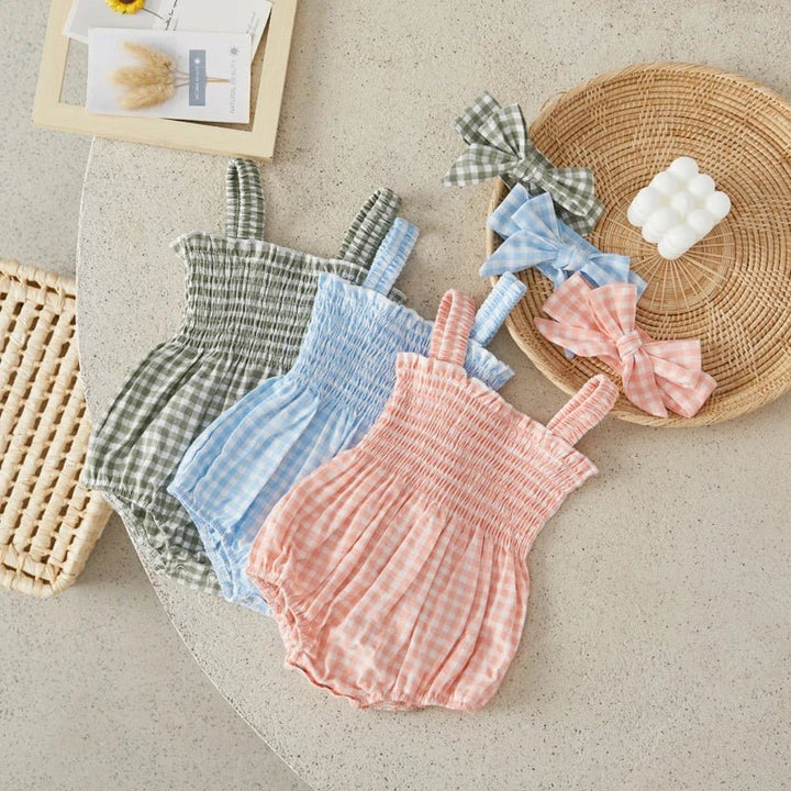 Sleeveless Plaid Romper & Ribbon Set - Skaldo & Malin