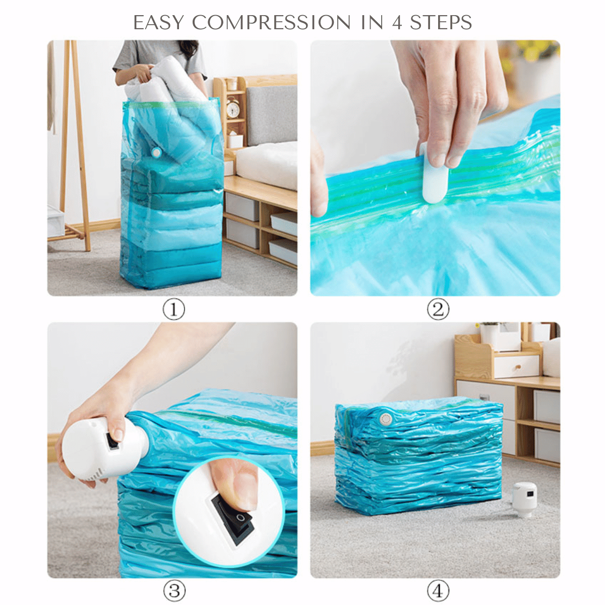 4pcs/set Vacuum Compression Storage Bags (1 Extra Large, 1 Medium, 1 Small,  1 Manual Pump), Space Saver Sealing Bags With Dual Zipper For Clothes,  Quilts, Travel Luggage, Bedding, Etc.