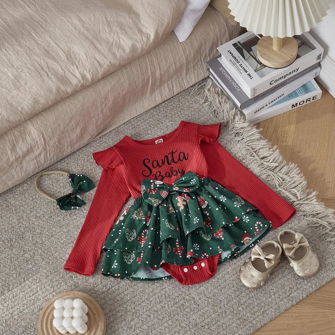 Baby Girl Christmas Romper Dress and Bow Headband Set 0-18 Months 0-6M Baby Girl Christmas Romper Dress and Bow Headband Set 0-18 Months 0-6M