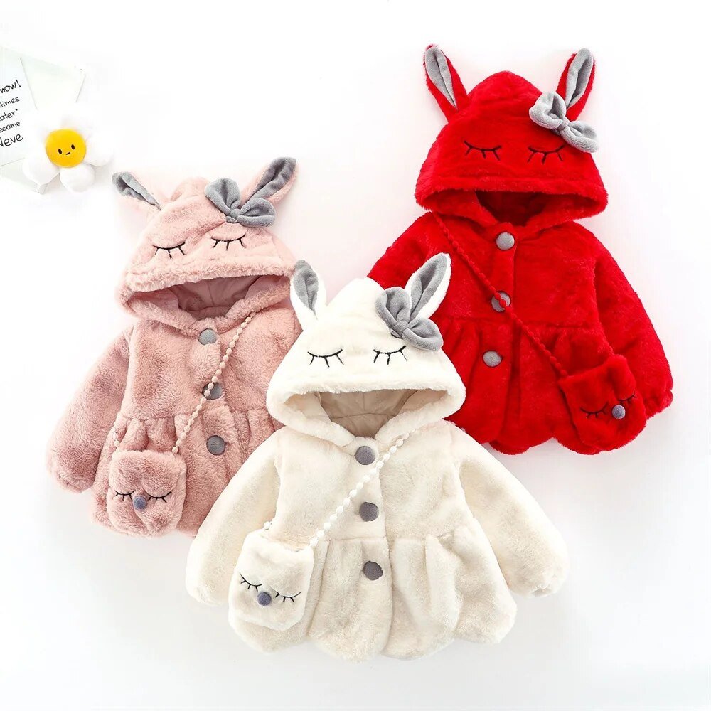Bunny Ears and Bow Plush Hooded Jacket Toddler Kid 0-3 Years - Skaldo & Malin